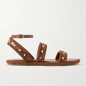 Valentino Rockstud Studded Torchon Rope Ankle Strap Flat Sandals Shoes